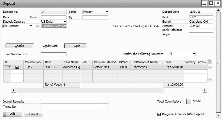 Deposits 8.2 Check Bank Branch Account No. BP/Account Code BP/Account Desc. No. of Checks Total Journal Remarks This field displays the check number of the check. This field displays the bank.