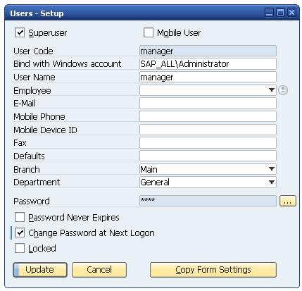 Procedure To bind an SAP Business One user to a Microsoft Windows account, do the following: 1. From the SAP Business One Main Menu, choose Administration Setup General Users. 2.