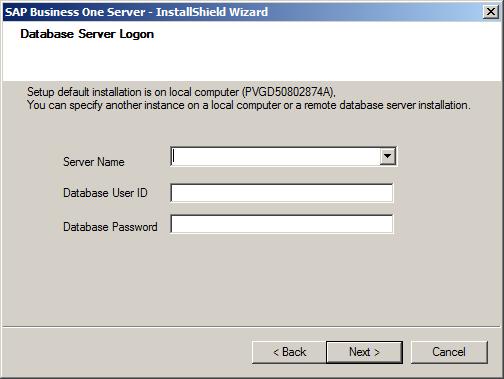 8. In the Database Server Logon window, specify the following database server connection settings: o Server Name Enter the name or IP address of the server.