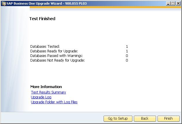 Note For more information about the pre-upgrade testing, in the Test Finished window, you can choose the following: o Test Results Summary Provides a summary of the pre-upgrade tests.