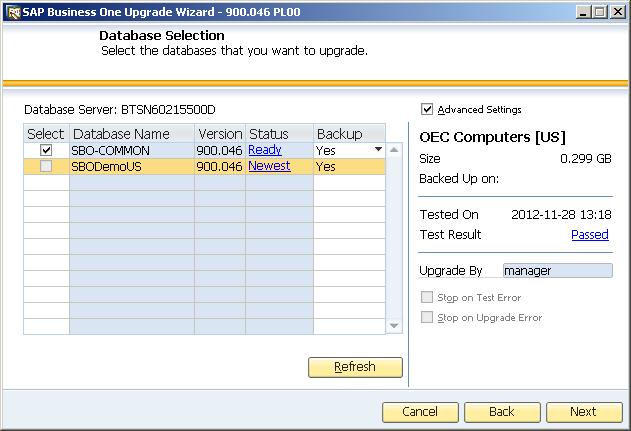 Note If you previously selected the Common Database checkbox in the Component Selection window and it is not the latest version, the checkbox is selected by default and you cannot deselect it.