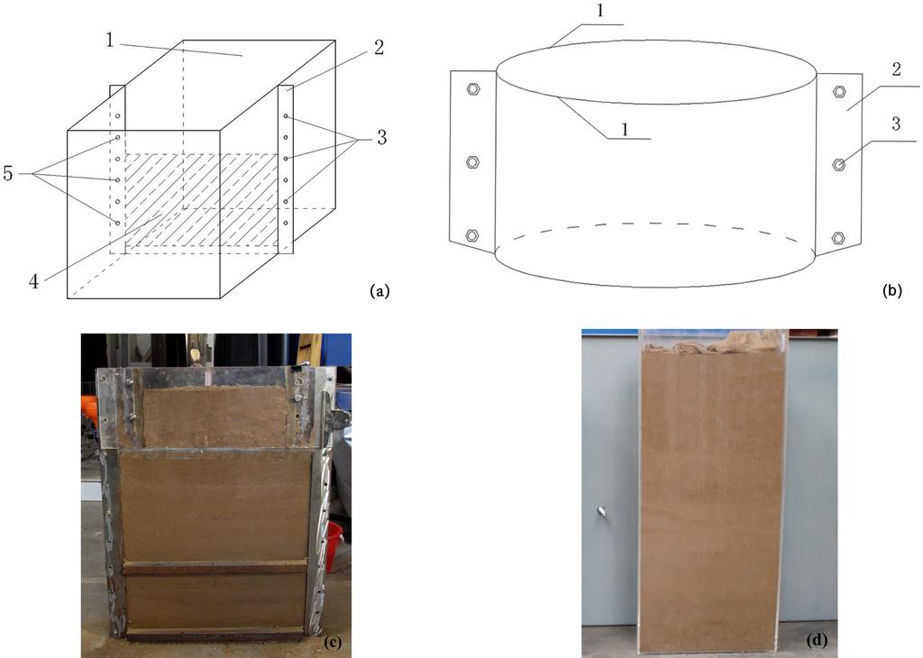 Fig.. The experimental device for (a) the soil container, (b) the disassembled ring infiltrometer, (c) the finished see-through soil section after ring installation in the see-through container, and