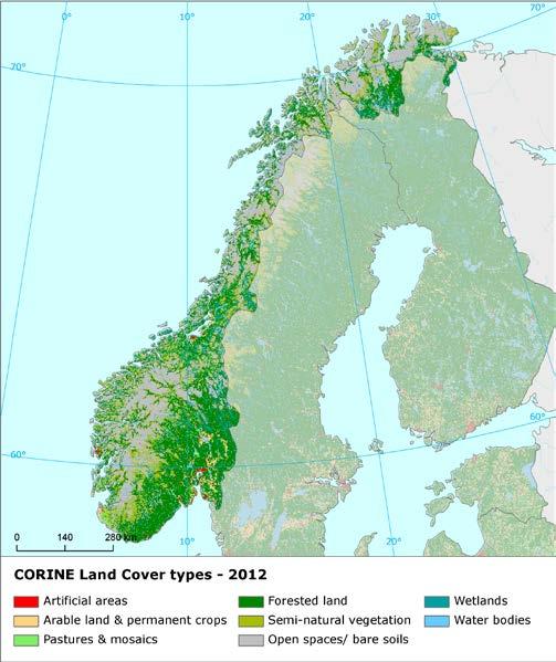 Land cover 2012 Overview of land cover & change The Norwegian landscape is characterized by very low intensity of development, which is documented by one of the lowest annual land cover change rates