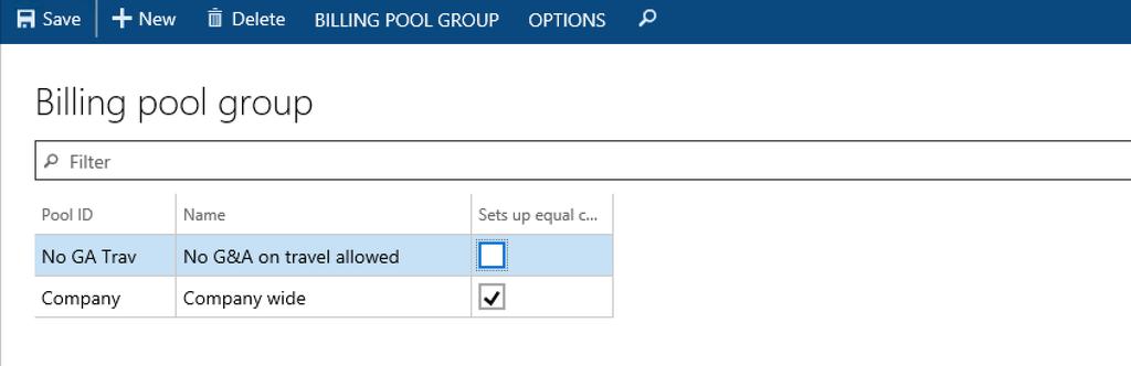 Billing Pool Group Govt. Contracting, Dynamics 365 Operations The billing pool group allows you to configure how burdens are calculated for a project. This is where you setup pools (e.g. Fringe, OH, G&A) and assign account set and department sets to pools which represent the base.
