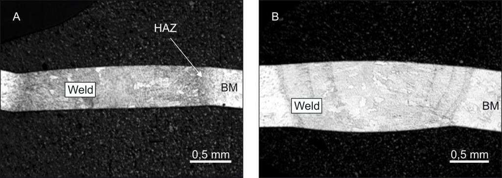 FIG. 7 MACROSTRUCTURE OF A LASER-WELDED JOINT OF: A 0.5-mm; B 0.9-mm THICK SHEET METAL AFTER HEAT TREATMENT. VISIBLE ARE: THE WELD, HEAT-AFFECTED ZONE (HAZ), BASE MATERIAL (BM).