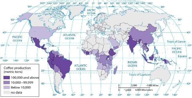 41) According to the map of world rice production, between 10 and 99 million metric tons of rice are produced annually in A) Brazil, Thailand, and the United States. B) China and India.