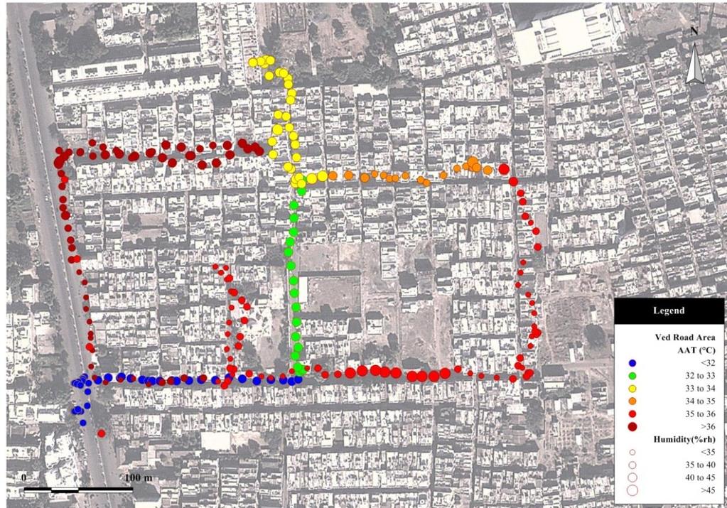 Fig. 58 Urban Heat Profile of Ved Road area and L.P. Savani road area on 21h March 2013 (2 to 3:30 pm) From the above urban heat profile mapping ( fig.
