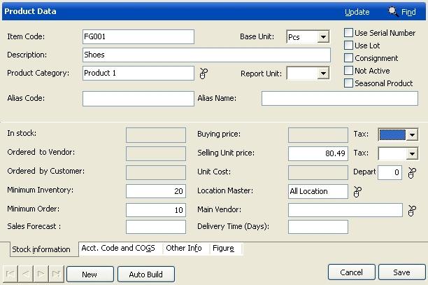 D. Product Data To create new product data, click [Inventory], [Product Data] and [Product Data] on the menu, then press New button and the product data window as follow: Click here to set the base