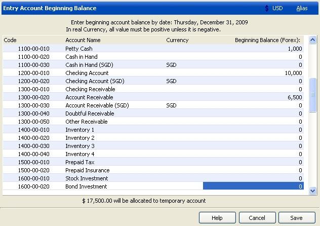 Fill beginning balance data as needed. To go to the next account click Tab button on keyboard. Press Save button if you have finished filling in Account Beginning Balance.