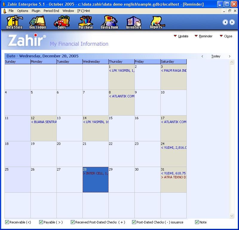 Calendar is used to view the Accounts Receivable/Accounts Payable due dates, received Checks and Checks payment.