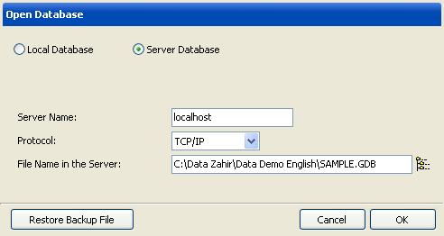 Local database: click if the data base is available on client computer (stay alone) Server database: click if the data base is on the server computer Server name: there will be an automatic local