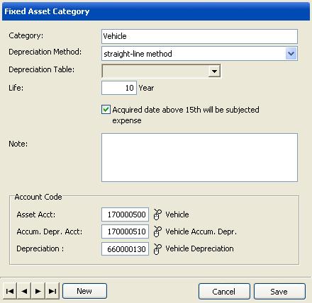 Create Fixed Asset Category Data To create new fixed asset category data, press New button on Fixed Asset Category Window.