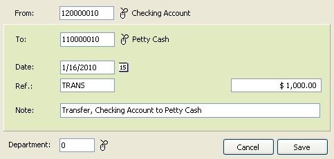 From. Fill with the credited bank account. Click account data search button and select Checking Account. To. Fill with the debited bank account. Click account data search button and select Petty Cash.
