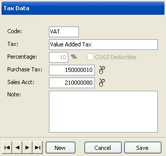 Code: type the code number of tax to be created Tax: type the name of tax to be created Percentage: fill with the percentage of tax amount for the transactions Purchase Tax: fill with Account List
