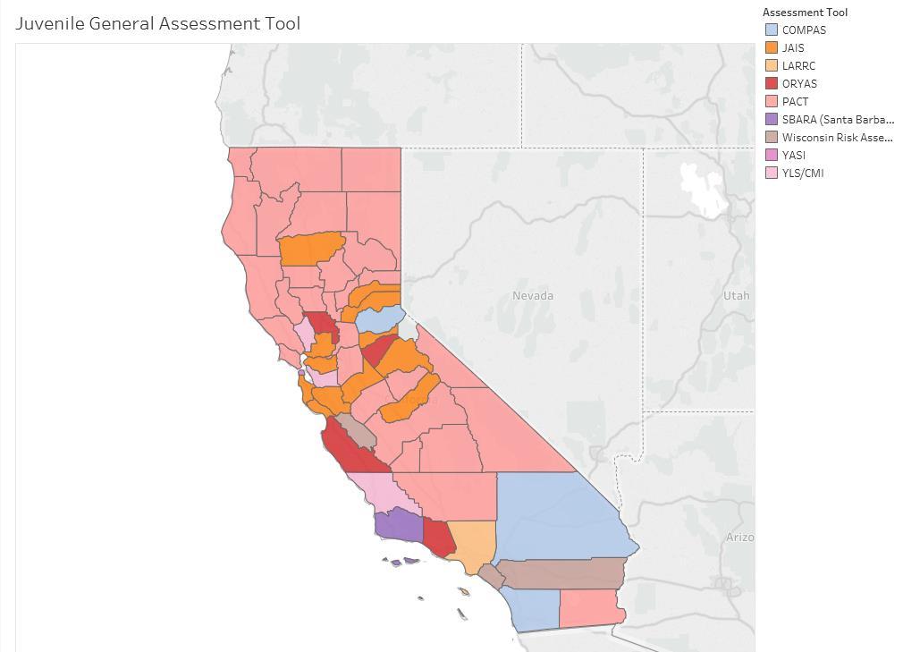 Positive Achievement Change Tool or PACT (29 counties) Santa Barbara Assets and Risks Assessment or SBARA (1 county) Wisconsin Risk Assessment (3 counties) Youth Assessment and Screening Instrument