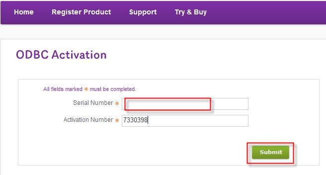 Under Register Product, click ODBC Activation. 3. On the screen, enter the 12-digit Serial Number and Activation Number of your product. Then click Submit.