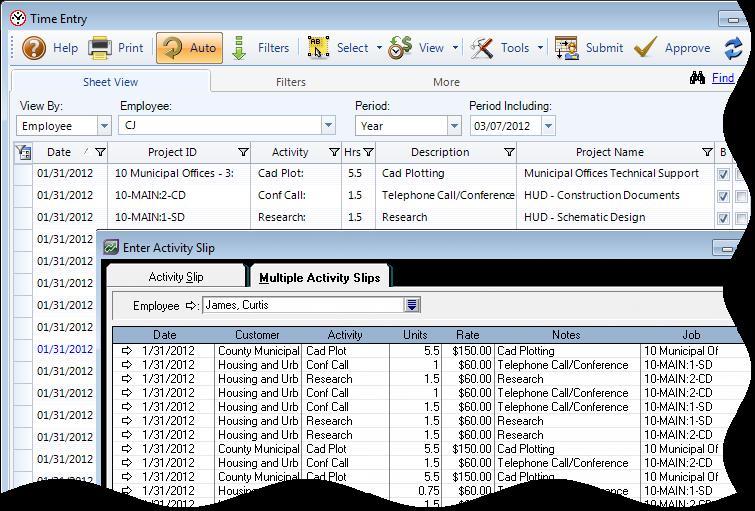 Quick Check 5. Check Time Entries Special Note BillQuick is project-centric. Each project is associated with a client.
