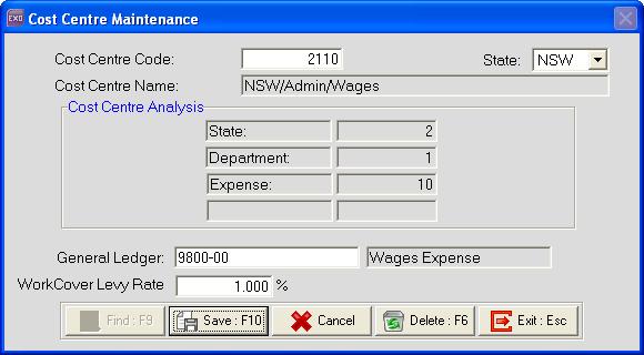 MYOB EXO Payroll Administration MYOB EXO Payroll Setting up Cost Centres To add a new Cost Centre 1 From the Maintenance menu, select Costing, followed by Cost Centres.
