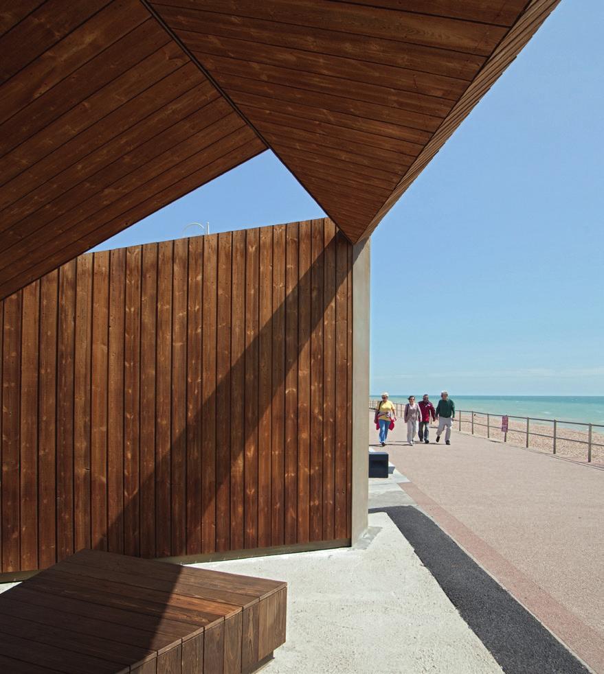 Beach pavillion new The Kebony technology gives a deep rich brown colour. After exposure to sun and rain the wood develops a natural silvergrey patina.
