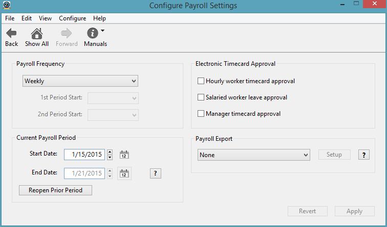 Payroll Settings The payroll period settings define your payroll period frequency (how often you get paid), allow you to set your current payroll period, and enable electronic timecard approval.
