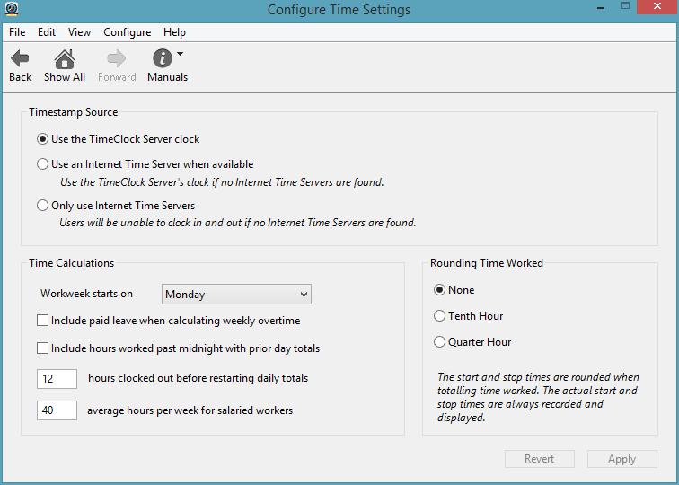 Time Settings These settings control where the time clock gets its time stamp, when the workweek starts, and how start and stop times are rounded