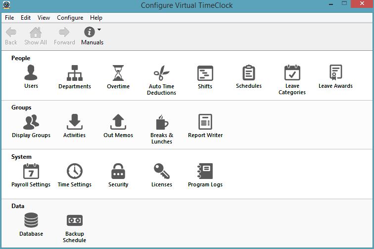 Configuration The Configure window is where you set up and customize your time clock. You can open the Configure window from the administrative toolbar.