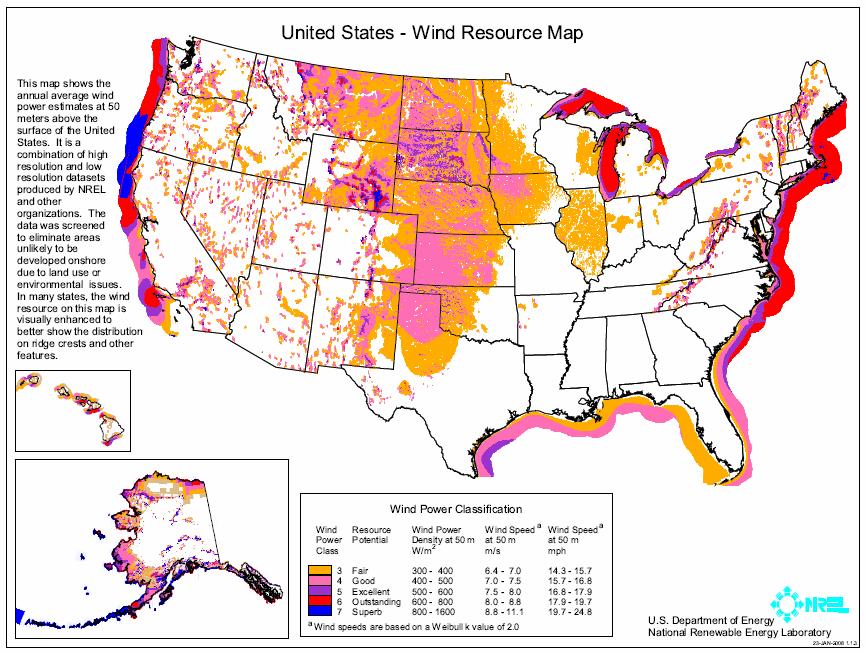 and the classes of wind power density for two standard measurement heights to show how much energy is available via wind. Below (Figure 4) is a wind resource map of the United States.