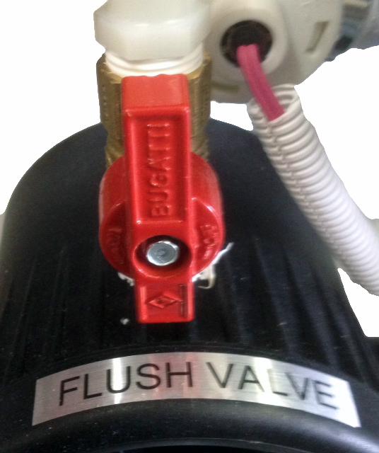 5. Close the red flush valve. 6. Wash down vessel with system. 7. Open red flush valve and allow water to flush system for 1 minute for every hour of use. 8. Close red flush valve for storage.