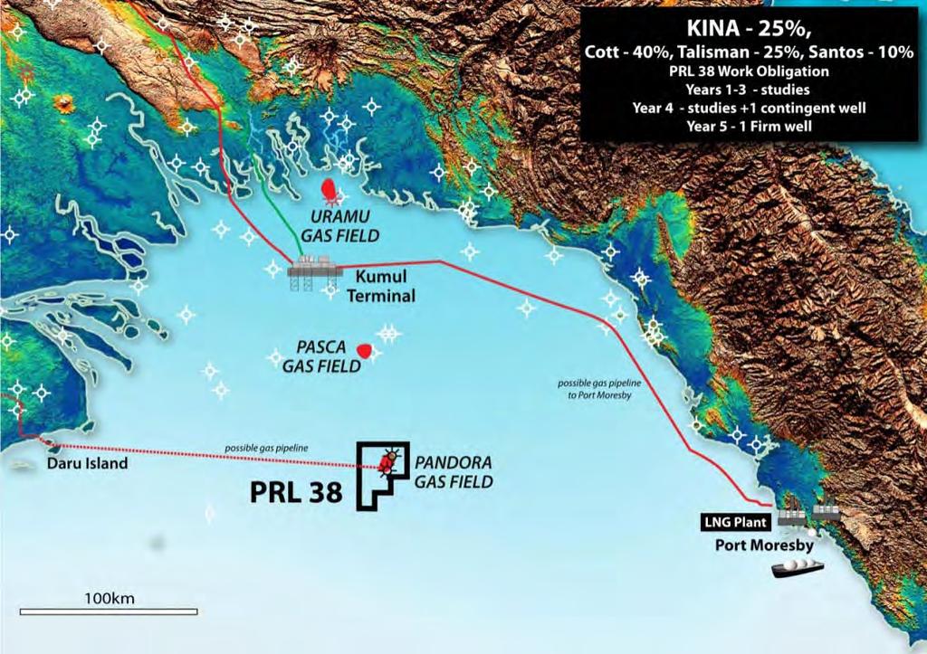 PRL 38 - Future Production Asset Pandora Discoveries Licence awarded December, 2013. JV: Cott (40%), Talisman (25%), Kina (25%) & Santos (10%). 2 gas discoveries at 1,500m TVD in 110m water.