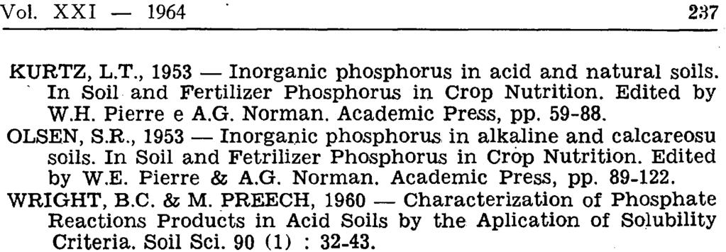 KURTZ, L.T., 1953 Inorganic phosphorus in acid and natural soils. In Soil and Fertilizer Phosphorus in Crop Nutrition. Edited by W.H. Pierre e A.G. Norman. Academic Press, pp. 59-88. OLSEN, S.R., 1953 Inorganic phosphorus in alkaline and calcareosu soils.
