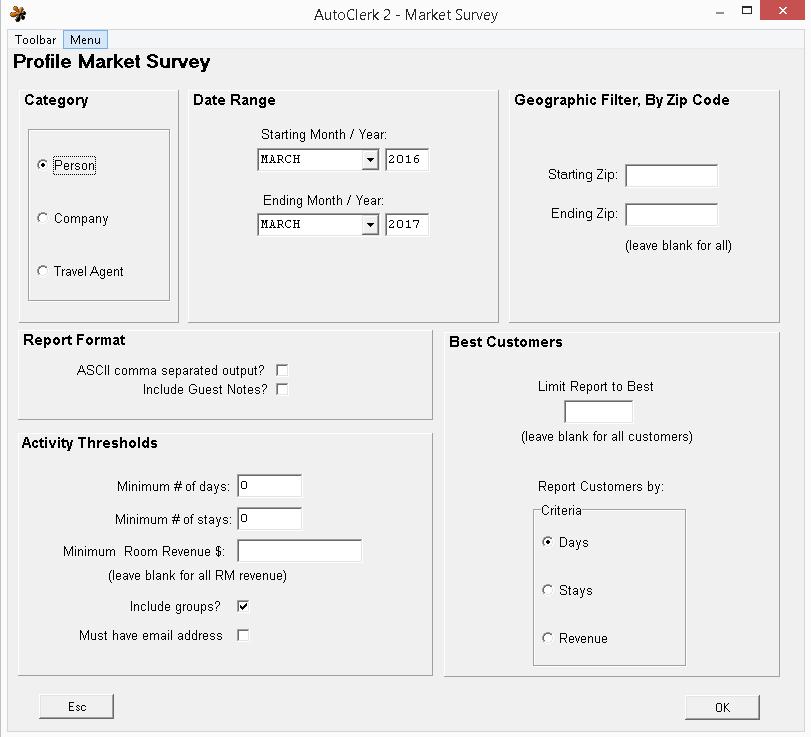 Figure 6: Profile Market Survey a. Select Person, Company, or Travel Agent from the Category box. i. Only one can be selected. b. Enter the dates you wish to view in the Starting Month/Year and Ending Month/Year in the Date Range box.