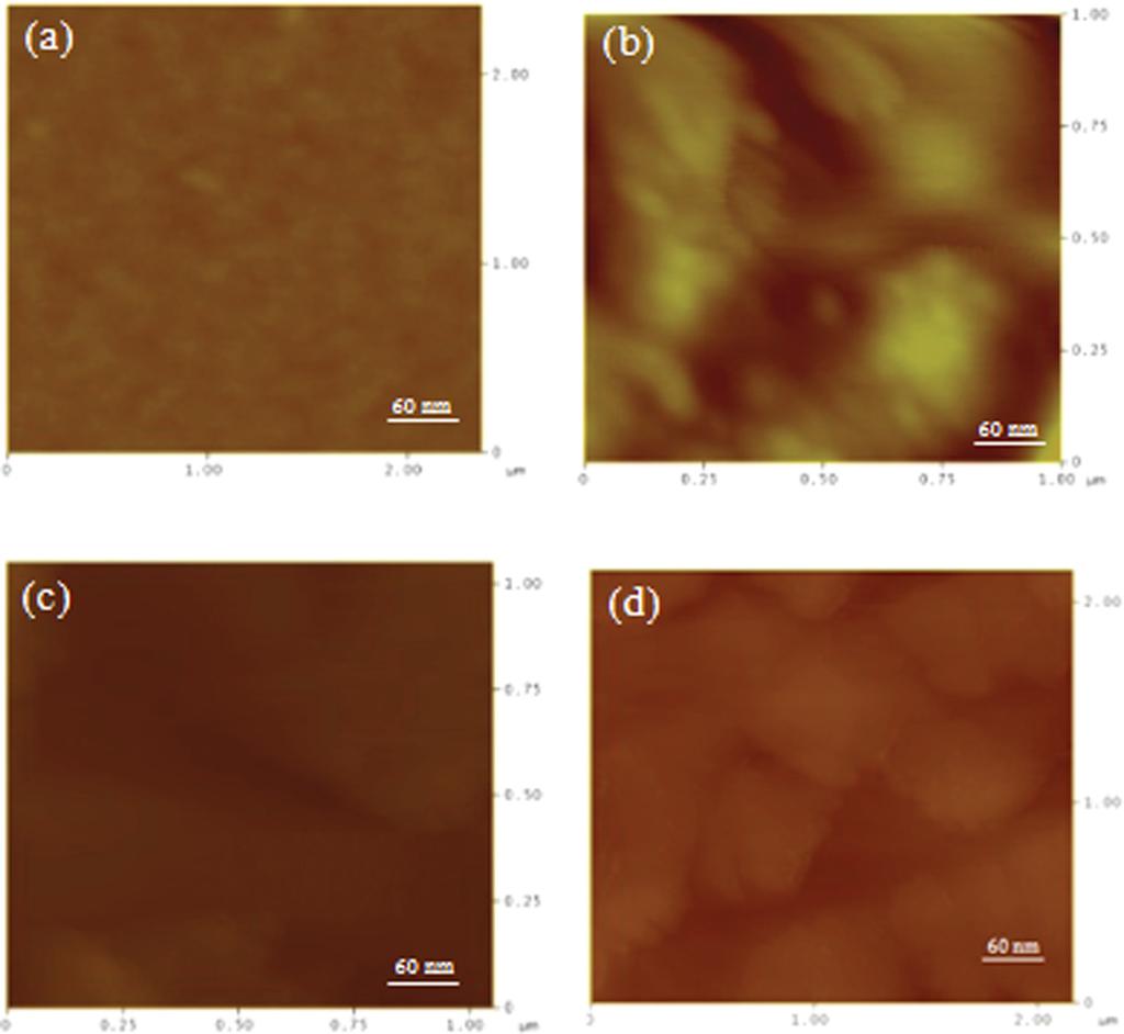 074506-6 Yu et al. J. Appl. Phys. 116, 074506 (2014) FIG. 6. AFM surface morphologies for different layers in the flexible solar cells: (a) PDMS on glass (b) Cr (c) PEDOT:PSS (d) P3HT:PCBM.