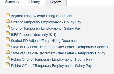The Offer/Acceptance Letter can be found in the Reports Tab of the Hiring Proposal Summary.