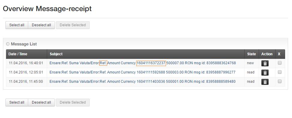 Sample message for a rejected transaction: Sent messages Message Menu -> Sent messages shows a list of the messages sent by the bank, which you can