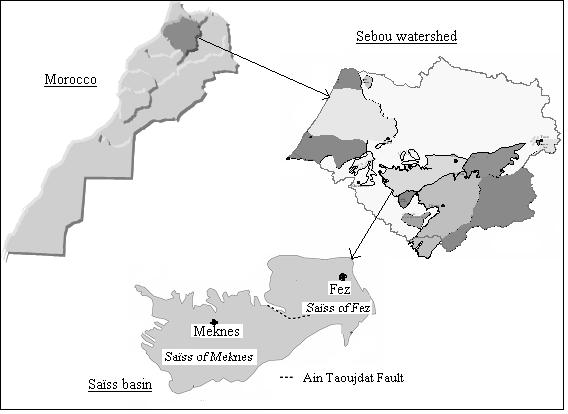 Fig. 1 Situation of the study area previous studies have been carried on this shallow aquifer basin Saïss; Taltasse [1], Margat [2], Mac Donald et al.