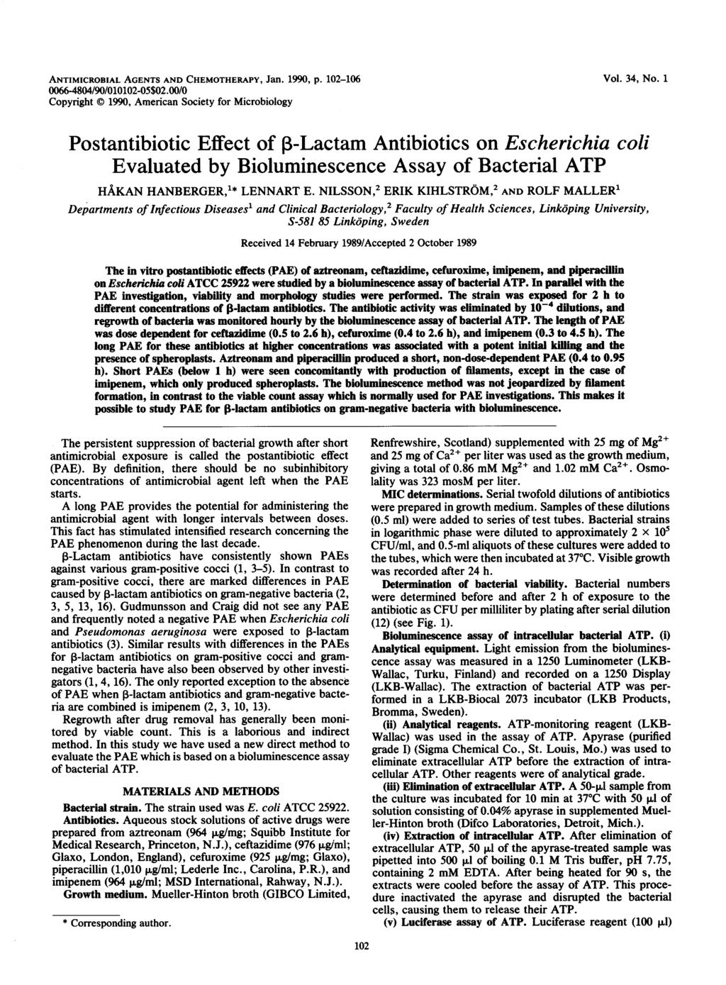 ANTIMICROBIAL AGENTS AND CHEMOTHERAPY, Jan. 199, p. 12-16 Vol. 34, No. 1 66-484/9/112-5$2.