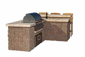 StoneWall II L-Shaped Barbecue Material used: 3 - pallets of Stonewall II block 4 - pieces of Stonewall ap oncrete adhesive (approximately fourteen 10.