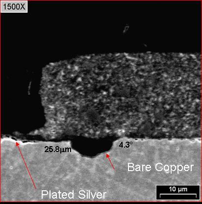 Typically this is best viewed by removing the soldermask altogether after silver plating, but by using a scanning electron microscope we are able to see the copper source. See Figure 5.