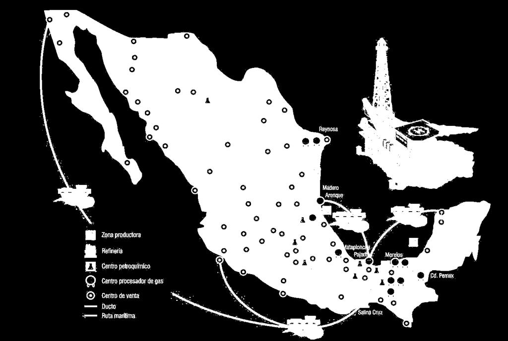 Pemex s main infrastructure, 2010 Production fields: 405 USA Production wells: 7,476 Off-shore Platforms: 233 Refineries: 6 Gas processing complexes: 10