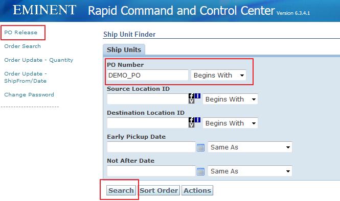 PO Release The Ship Unit Finder screen allows the