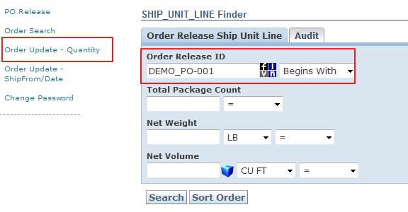 Order Update Quantity This function can be use to update the carton count, weight, or volume of your release Click the Menu link and enter in