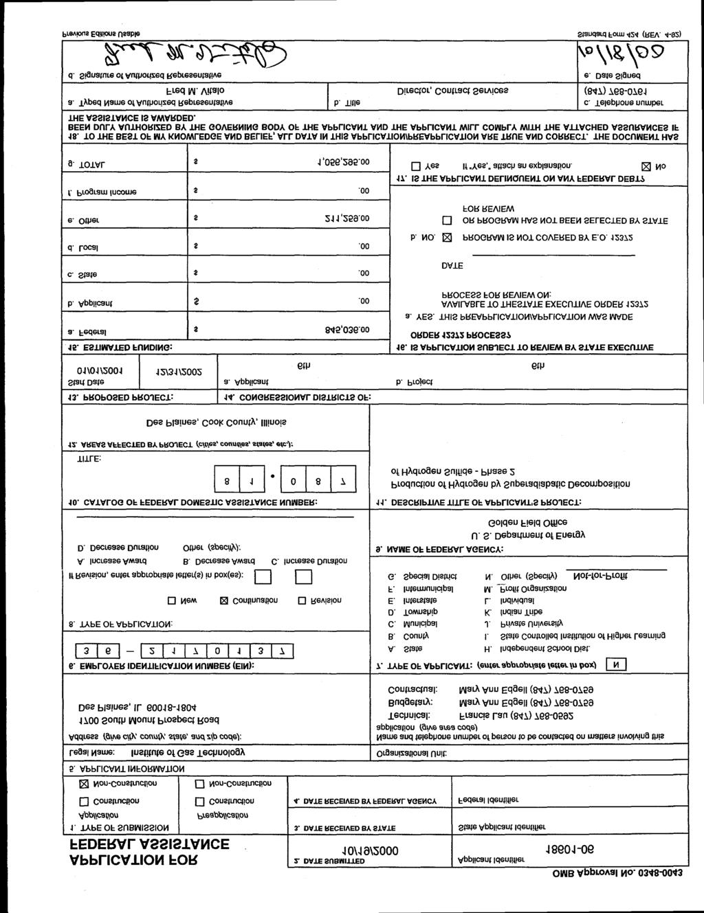 2. DATESUBMITTED APPLICATION FOR Applicant Identifier 10/19/2000 18601-06 FEDERAL ASSISTANCE 1. TYPE OF SUBMISSION 3.