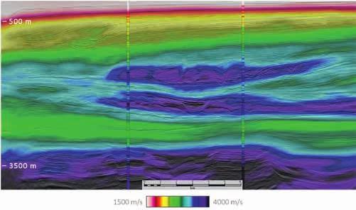 Figure 3 Time slice (1500 m TVDSS) through the: Reflection tomography model, and; FWI velocity model.