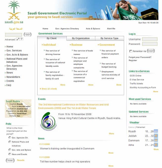 The National e-government Portal www.saudi.gov.sa First Phase: Informational 1.e-Services Directory 2.Acts and Regulations for Governmental Processes 3.