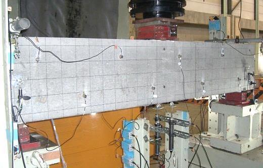 Fig. 7 Beam loading Based on the observation of cracks for the three beams, it is supposed that all beam failures were due to diagonal tension. The test results of all beams are summarized in Table 6.