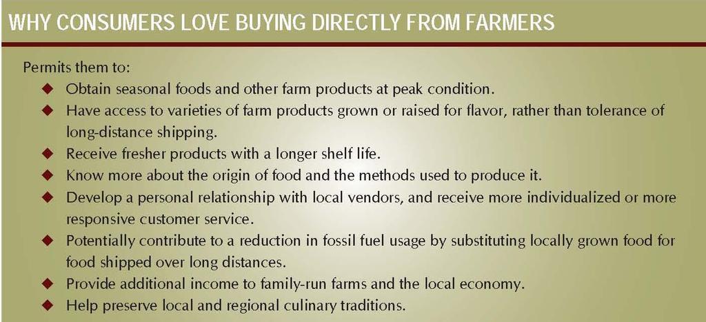 A USDA study found some of the reasons Why Consumers Love to Buy Directly from Farmers (Tropp, Ragland et al. 2008) as summarized in the following table: Figure 3.