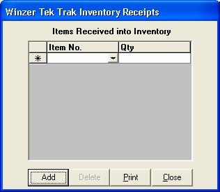 The Inventory Receipts window displays a list of received items until closed. Receipts can be deleted, as well as, added and printed using the corresponding buttons on the screen.