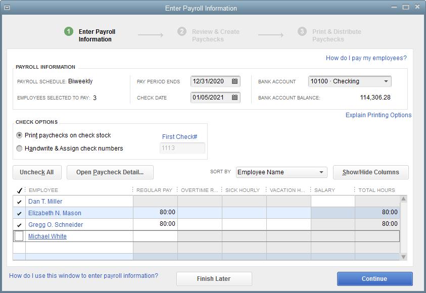 Running a Payroll Schedule Running a Payroll Schedule QuickBooks lets you print payroll checks in a batch based on payroll schedules. To run a paycheck schedule: 5.