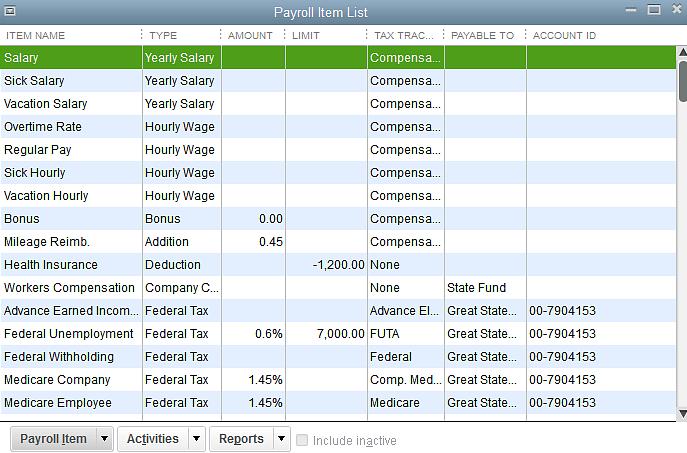 Setting Up for Payroll To view the Payroll Item list: From the Employees menu, choose Manage Payroll Items then choose View/Edit