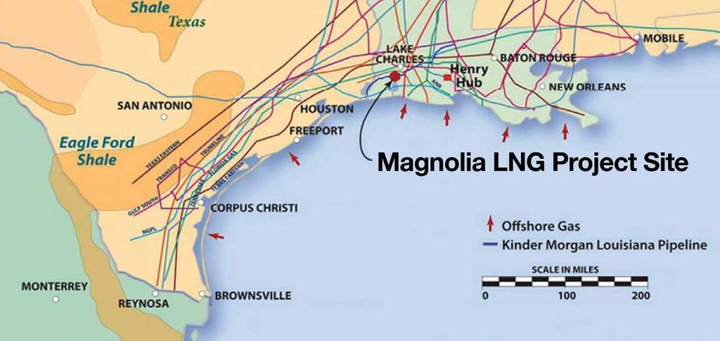 Map showing the Magnolia LNG project location which is well connected to natural gas transmission pipelines Project Site Development Southwest Louisiana s Gulf Coast location with its access to